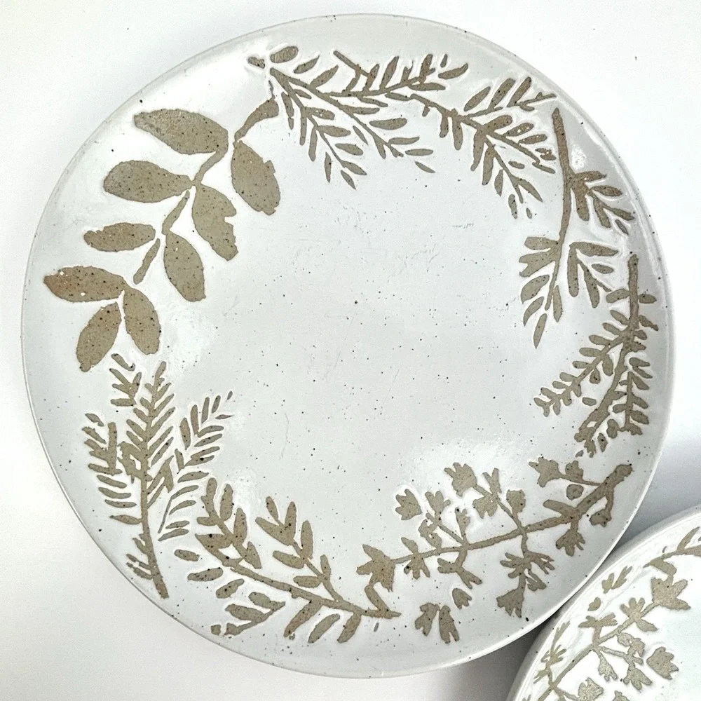 West Elm Botanical Salad Plates Set of 2 White Tan Stoneware Speckled 8